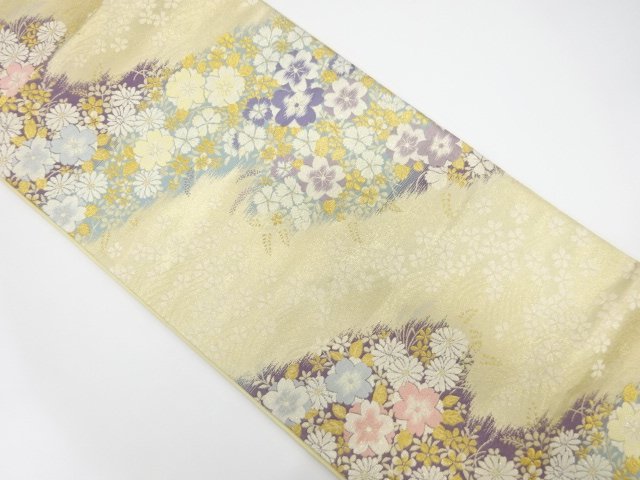 JAPANESE KIMONO / UNUSED FUKURO OBI (NON-TAILORED) / SILK / WOVEN MIST & FLOWERS